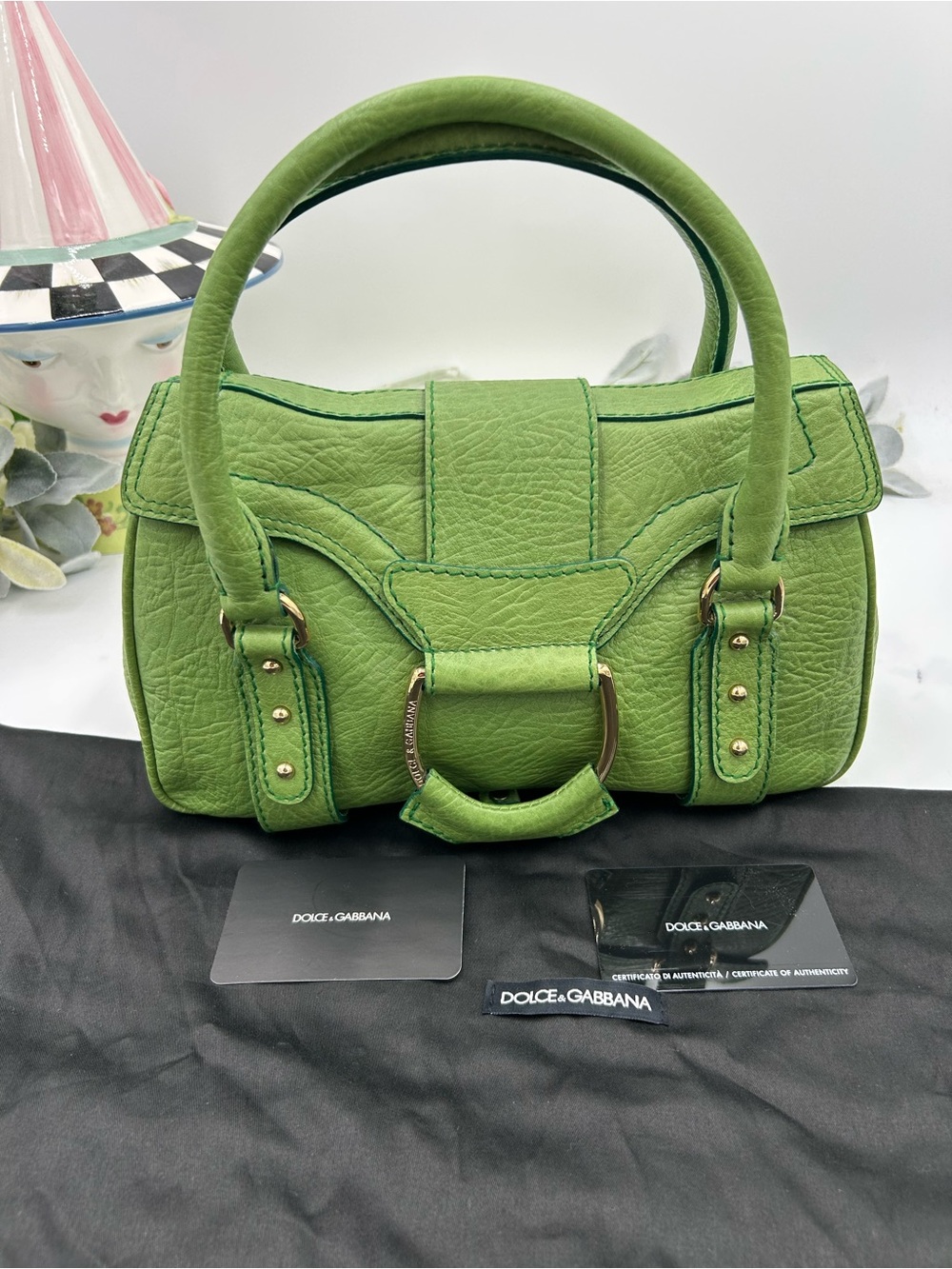 Women's vintage Dolce & Gabanna grainy, leather satchel in neon green made Italy
